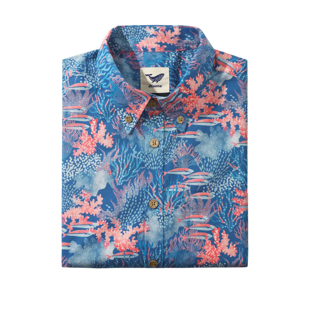 Men's Hawaiian Shirt Short Sleeve Button-down 100% Cotton Blue Aloha Ocean Sihouettes By House of Haricot
