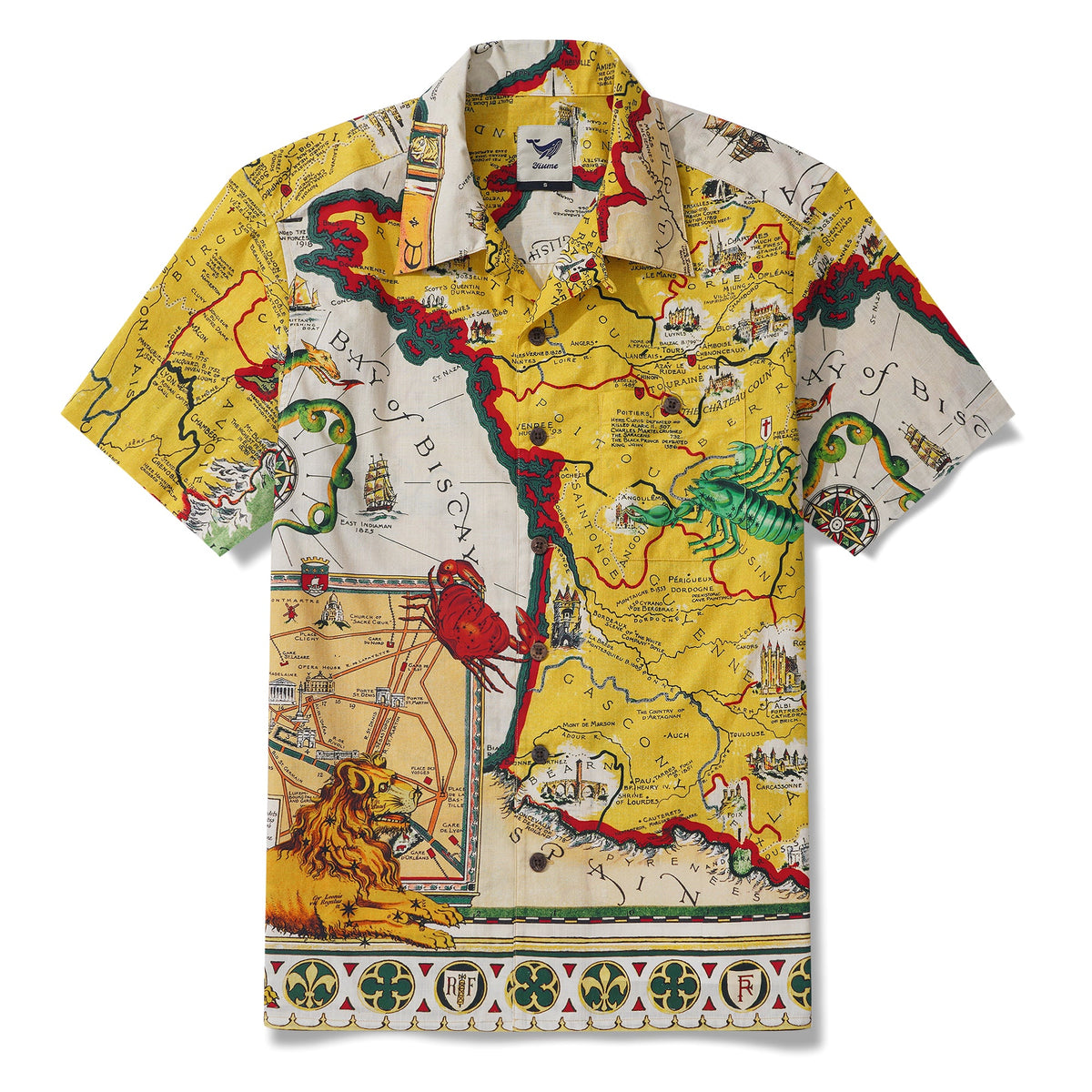 Men's Hawaiian Shirt Short Sleeve Camp Collar 100% Cotton Yellow Aloha Vintage Map By DUDU