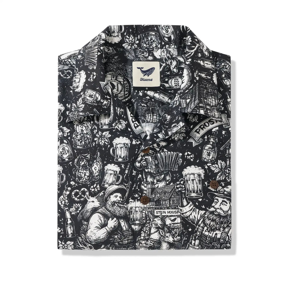 Men's Hawaiian Shirt Short Sleeve Camp Collar 100% Cotton Black Aloha Tavern Revelry Night By DUDU