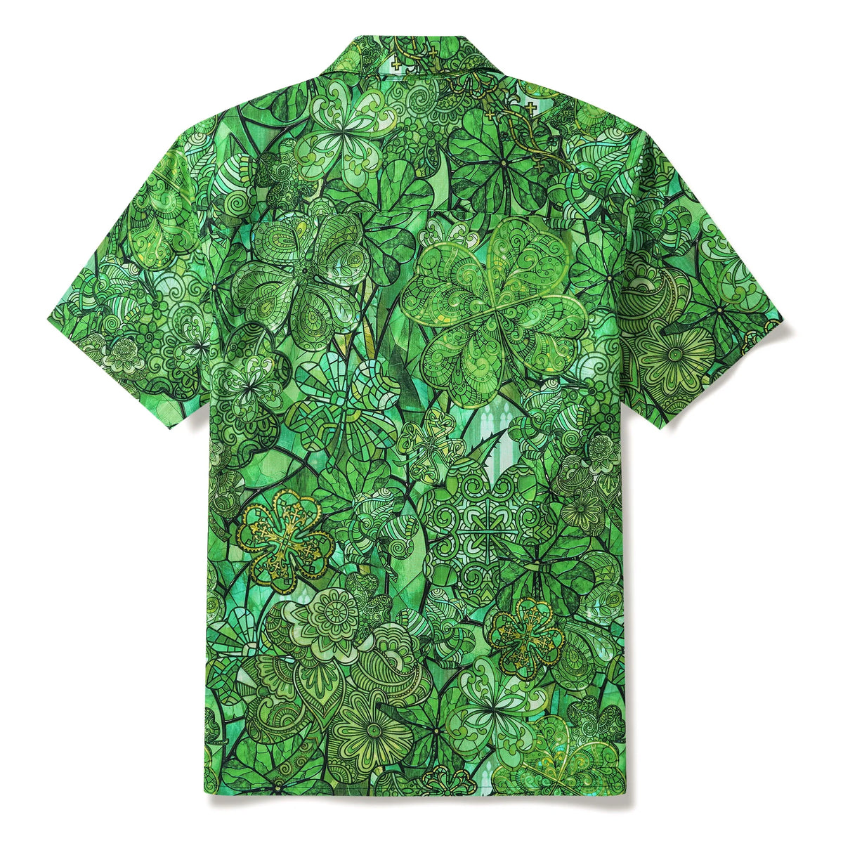 St. Patrick's Day Gift Men's Hawaiian Shirt Short Sleeve Camp Collar 100% Cotton Green Aloha Green Glass Lucky Four-leaf Clover By Mo