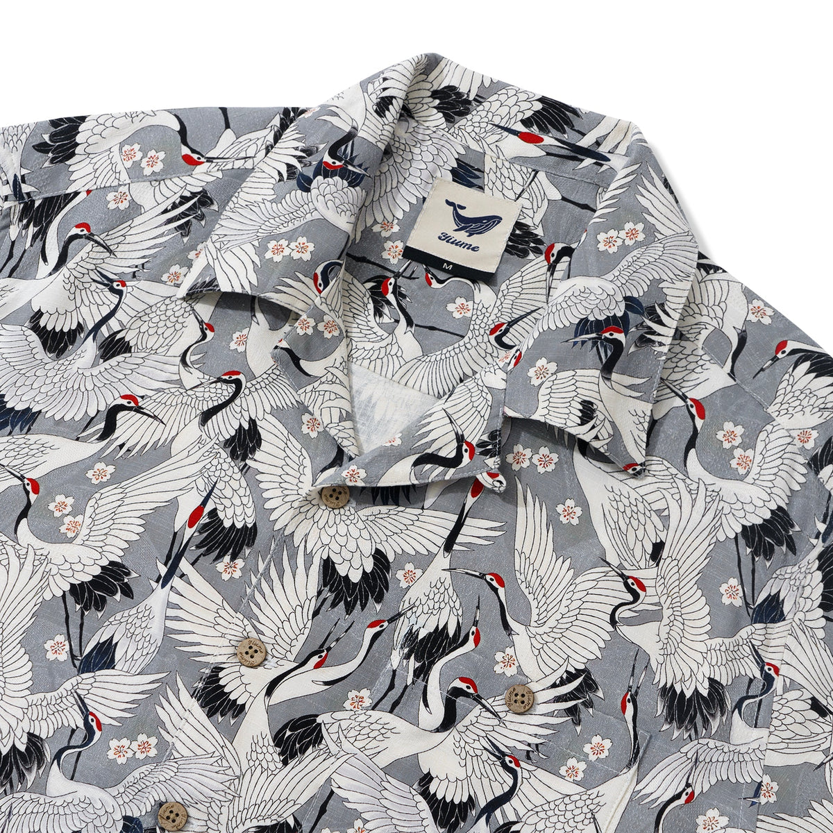 Men's Hawaiian Shirt Short Sleeve Camp Collar 100% Silk Gray Aloha The Feast Of Cranes By Seven