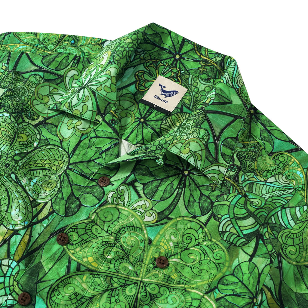 St. Patrick's Day Gift Men's Hawaiian Shirt Short Sleeve Camp Collar 100% Cotton Green Aloha Green Glass Lucky Four-leaf Clover By Mo