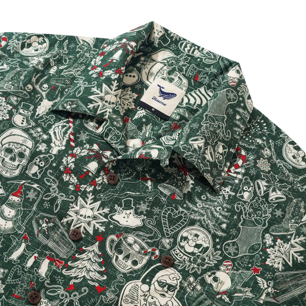 Christmas Gift Men's Hawaiian Shirt Short Sleeve Camp Collar 100% Cotton Green Aloha Christmas Party By Mo