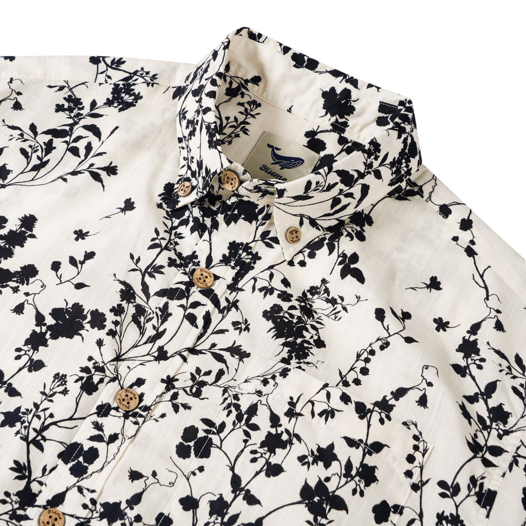 Men's Hawaiian Shirt Short Sleeve Button-down 100% Cotton Beige Aloha Ink Vine Whisper By Sylvia