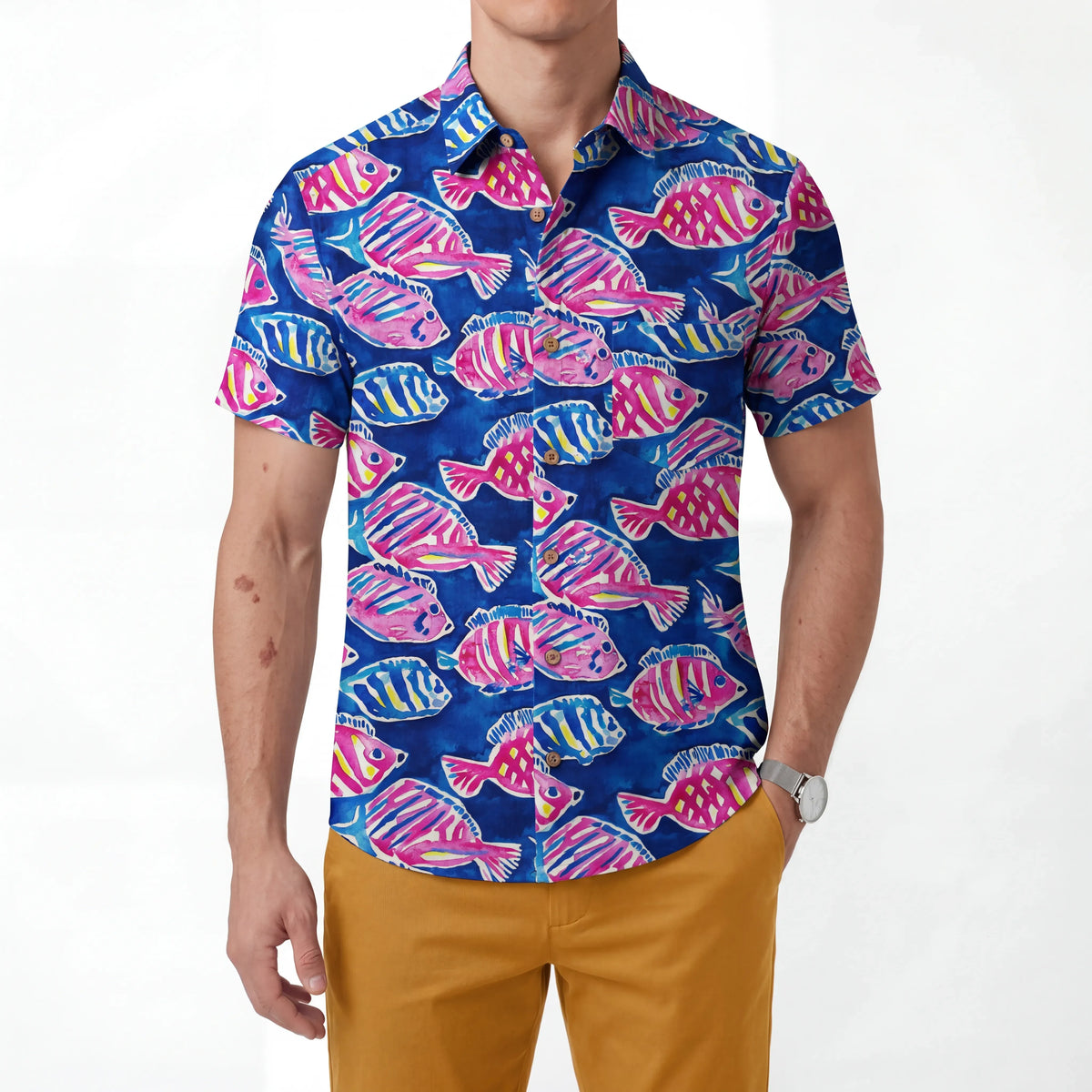 LeosWare® Men's Hawaiian Shirt Short Sleeve Button-up 100% Cotton Blue Aloha Ocean Vitality By Huan huan
