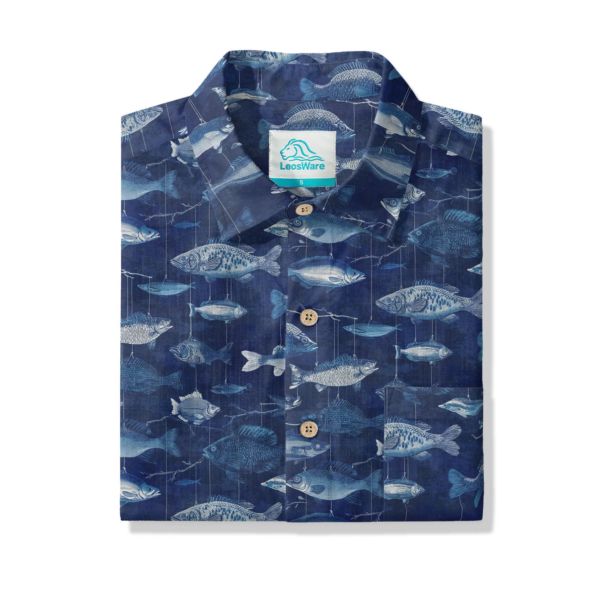 LeosWare® Men's Hawaiian Shirt Short Sleeve Button-up 100% Cotton Blue Aloha Blue Jazz Hanging Fish Pattern By Ann