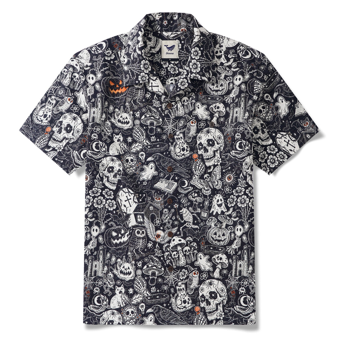 Men's Halloween Shirt Skull Hawaiian Shirt Short Sleeve Camp Collar 100% Cotton Black Halloween Bash By Mo