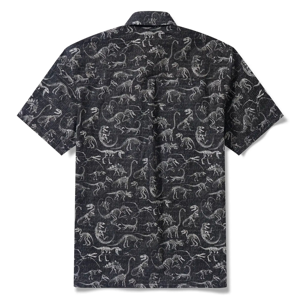 Men's Hawaiian Shirt Short Sleeve Button-down 100% Cotton Black Aloha Dinosaur Fossil Imprint By DUDU
