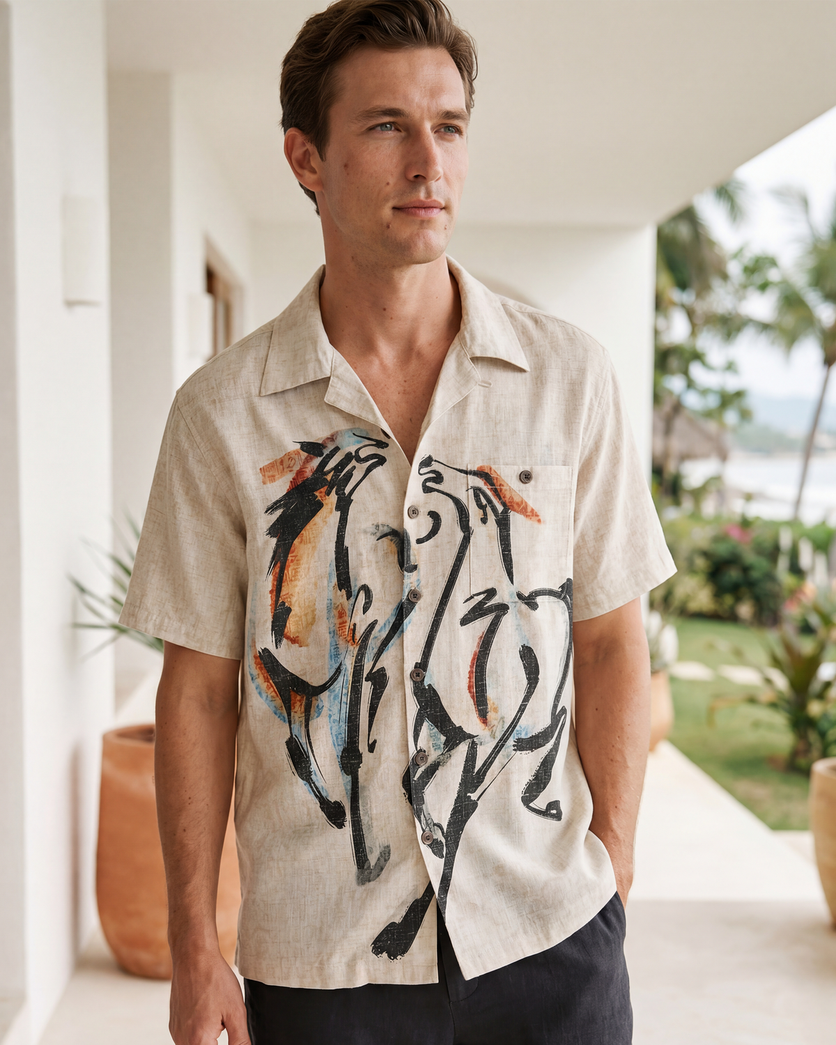 Men's Hawaiian Shirt Short Sleeve Camp Collar 100% Cotton Beige Aloha Horse Fortunate Gallop Year of the Horse 2026 By Huan huan