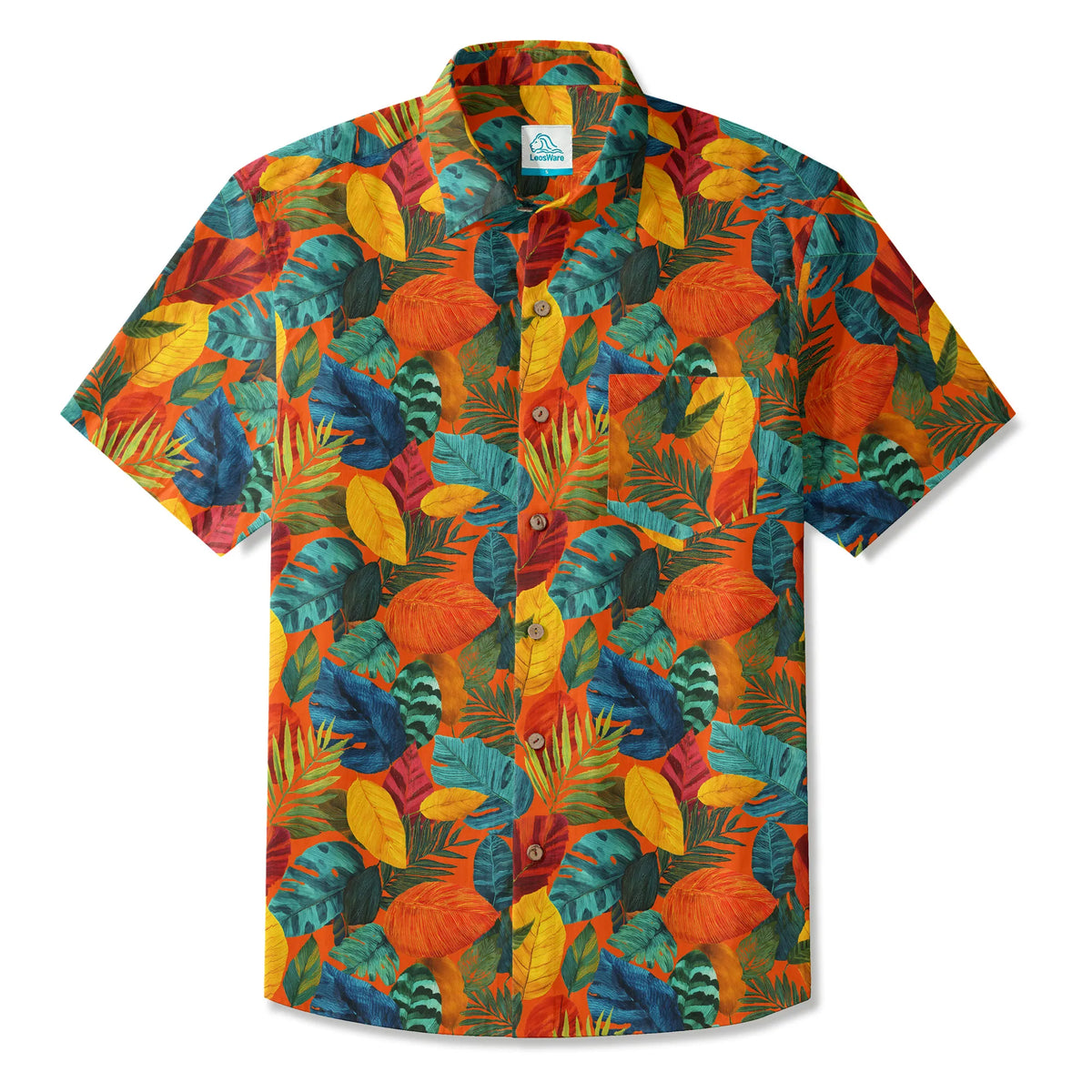 LeosWare® Men's Hawaiian Shirt Short Sleeve Button-up 100% Cotton Orange Aloha Orange Flame Rainforest By Ann