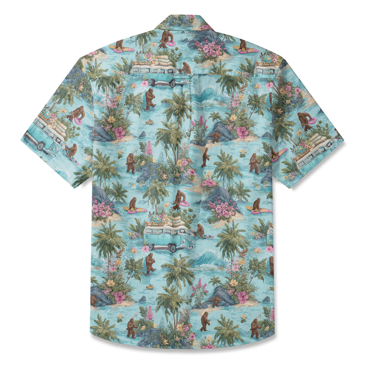 LeosWare® Men's Hawaiian Shirt Short Sleeve Button-up 100% Cotton Blue Aloha Tropical Drift Of Bigfoot By Ann