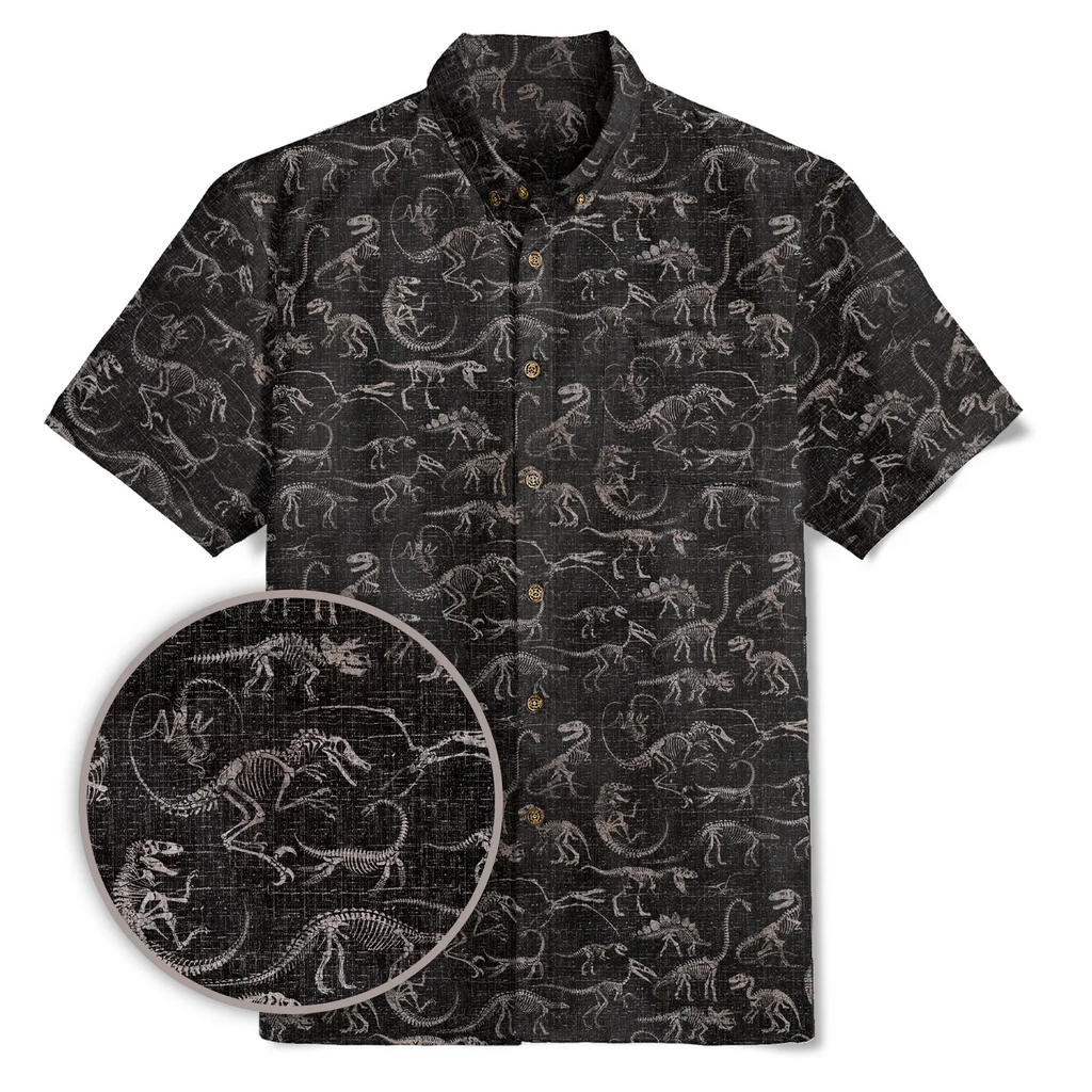 Men's Hawaiian Shirt Short Sleeve Button-down 100% Cotton Black Aloha Dinosaur Fossil Imprint By DUDU