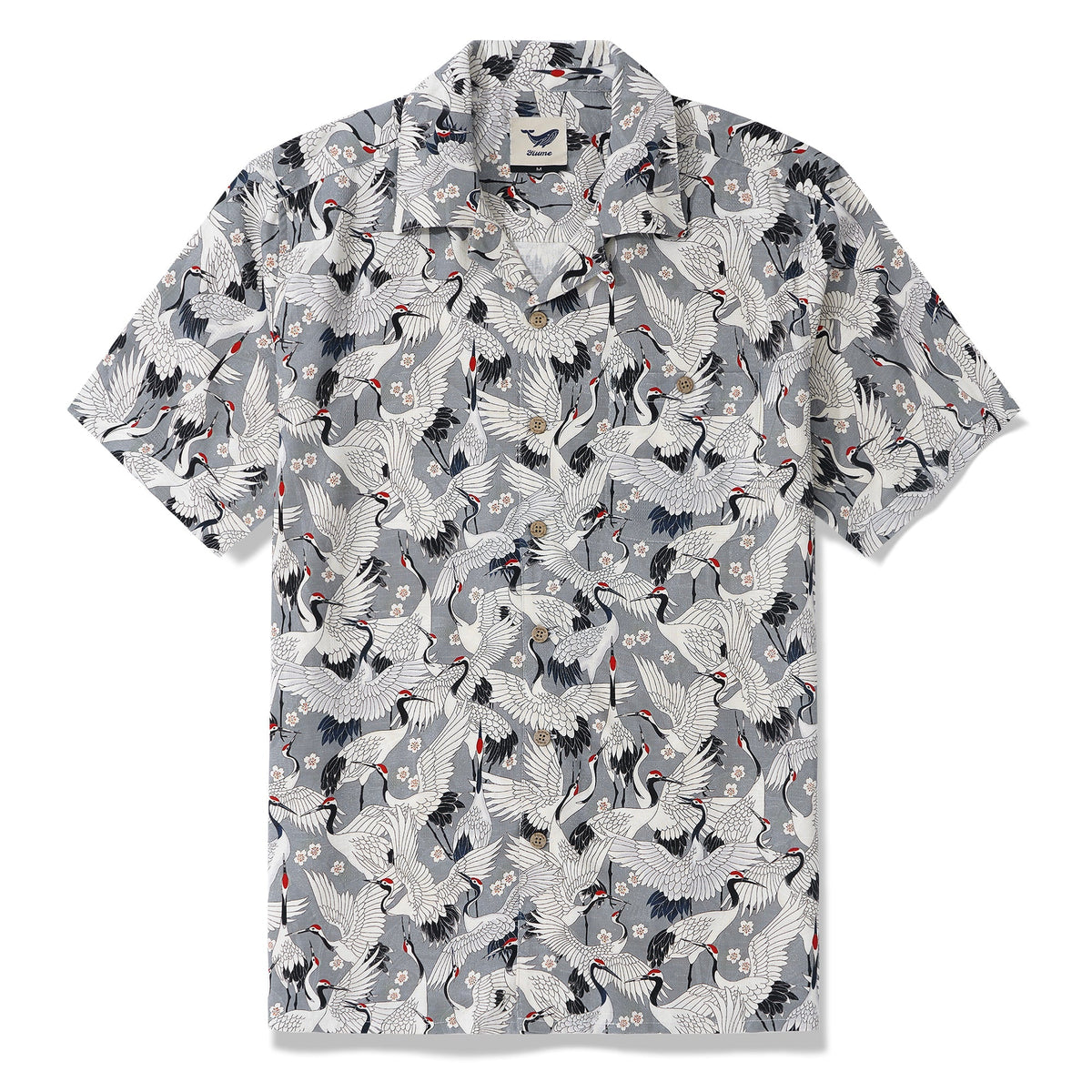 Men's Hawaiian Shirt Short Sleeve Camp Collar 100% Silk Gray Aloha The Feast Of Cranes By Seven