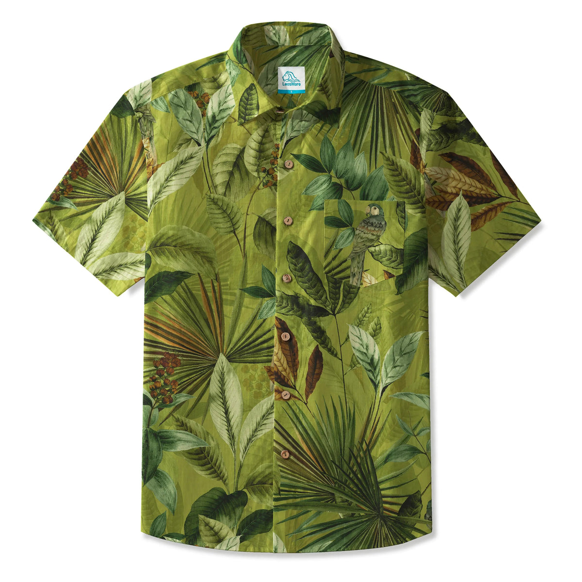 Chemise hawaïenne pour homme LeosWare® à manches courtes, boutonnée, 100 % coton, verte, Aloha, perroquet, paradis de la jungle par Huan huan