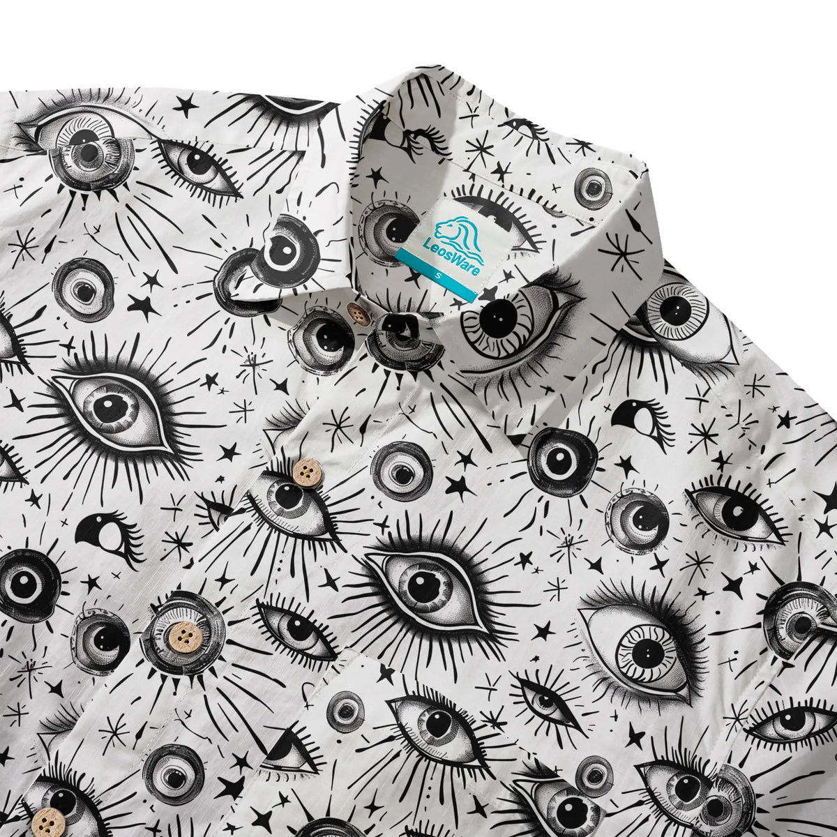 LeosWare® Men's Hawaiian Shirt Short Sleeve Button-up 100% Cotton White Aloha Starlight Eye Array By Ann