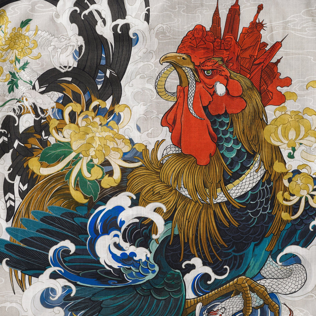 Men's Hawaiian Shirt 100% Cotton Short Sleeve Camp Collar Shirt Rooster and Japanese ukiyo-e Shirt By Zeke