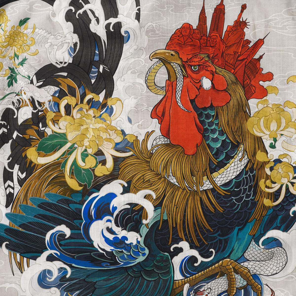 Men's Hawaiian Shirt 100% Cotton Short Sleeve Camp Collar Shirt Rooster and Japanese ukiyo-e Shirt By Zeke