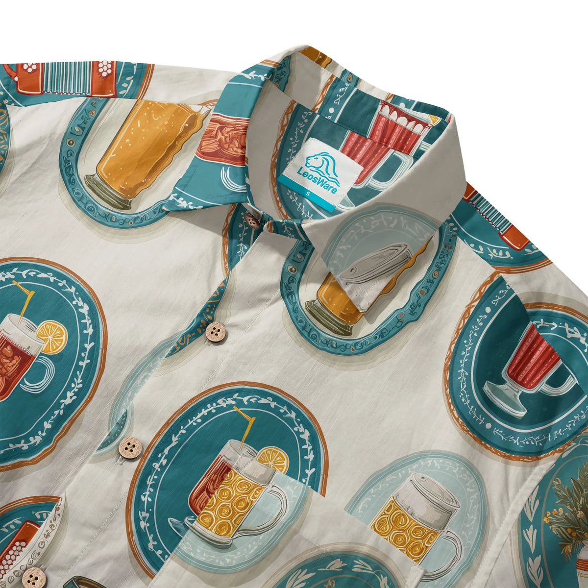 LeosWare® Men's Hawaiian Shirt Short Sleeve Button-up 100% Cotton Aloha Beer Festival Keepsake Plate By Ann
