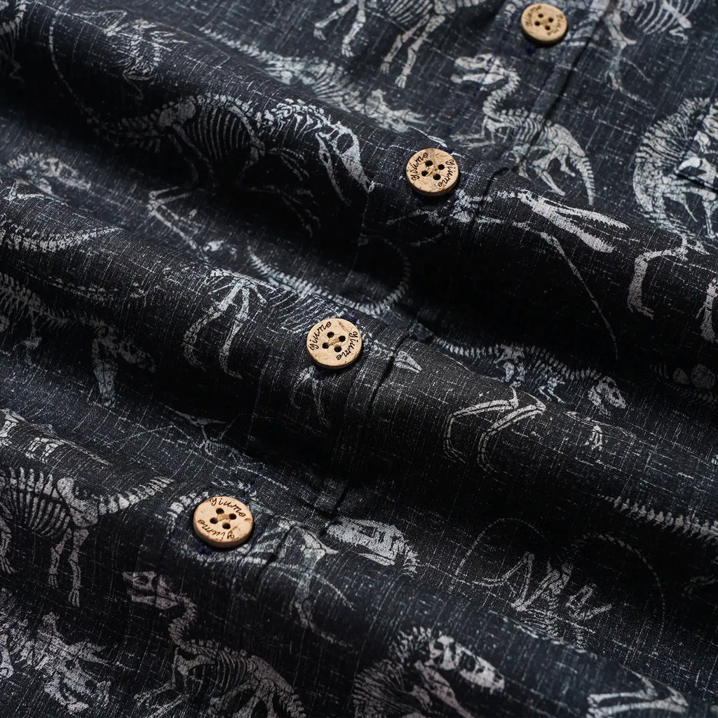 Men's Hawaiian Shirt Short Sleeve Button-down 100% Cotton Black Aloha Dinosaur Fossil Imprint By DUDU