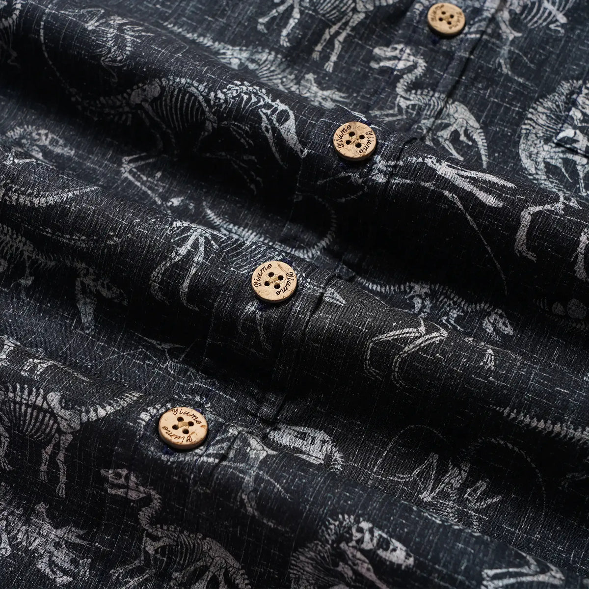 Men's Hawaiian Shirt Short Sleeve Button-down 100% Cotton Black Aloha Dinosaur Fossil Imprint By DUDU