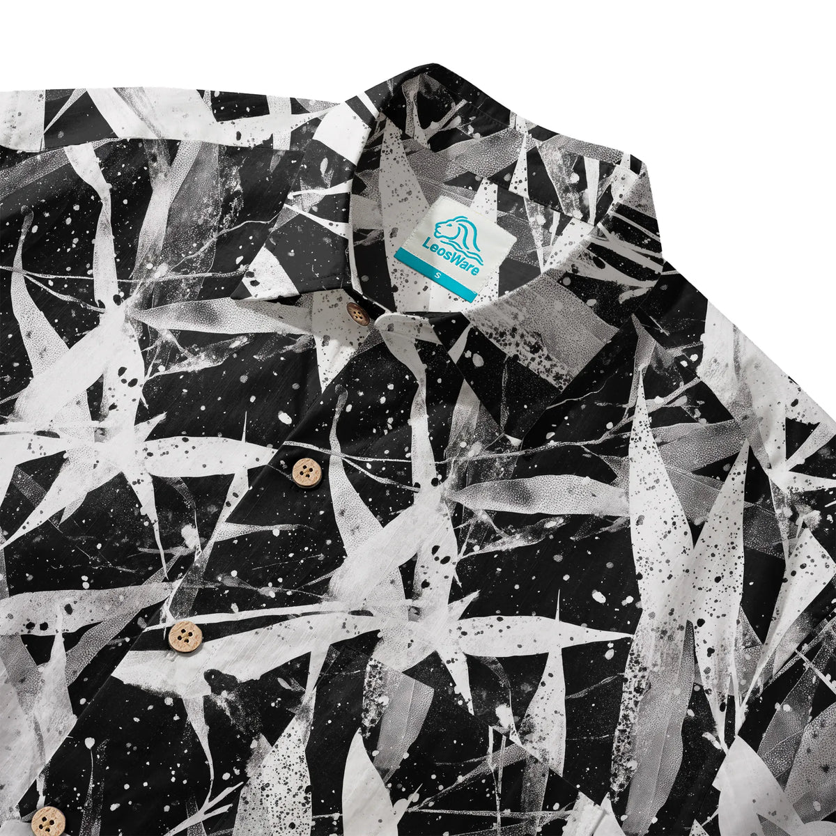 LeosWare® Men's Hawaiian Shirt Short Sleeve Button-up 100% Cotton Black Aloha Snow Falling Among The Bamboo By Ann