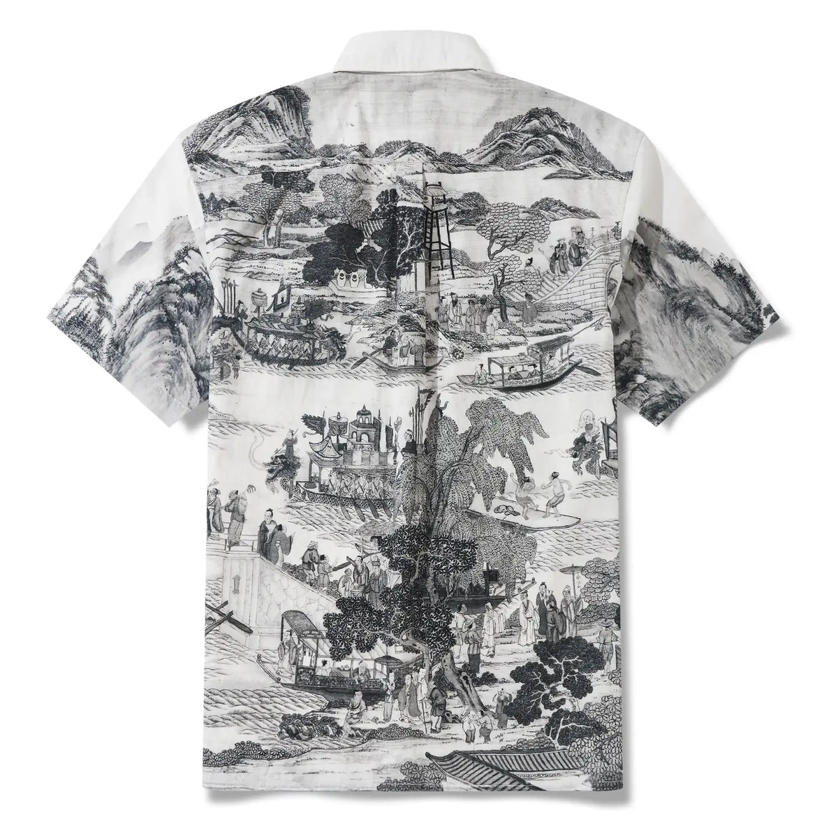 Men's Hawaiian Shirt Short Sleeve Button-down 100% Cotton Black Aloha Oriental Inkscape By DUDU