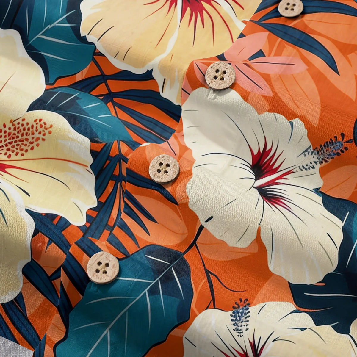 LeosWare® Men's Hawaiian Shirt Short Sleeve Button-up 100% Cotton Orange Aloha Blooming Orange Hibiscus By Ann