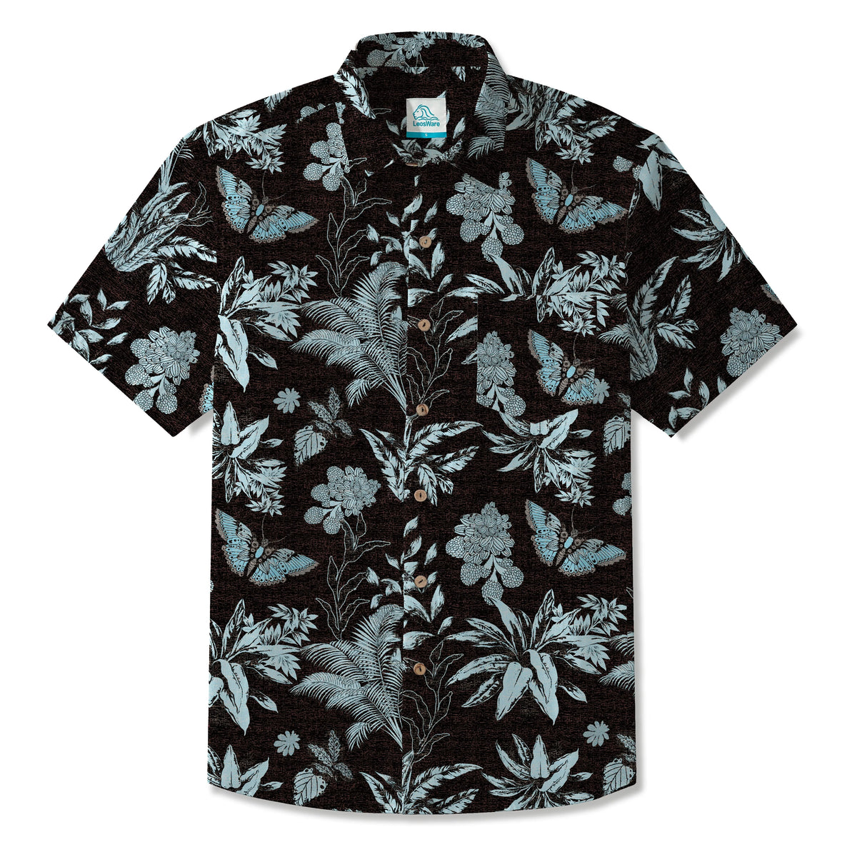 LeosWare® Men's Hawaiian Shirt Short Sleeve Button-up 100% Cotton Black Aloha Mystical Flowers And Butterflies By Patch