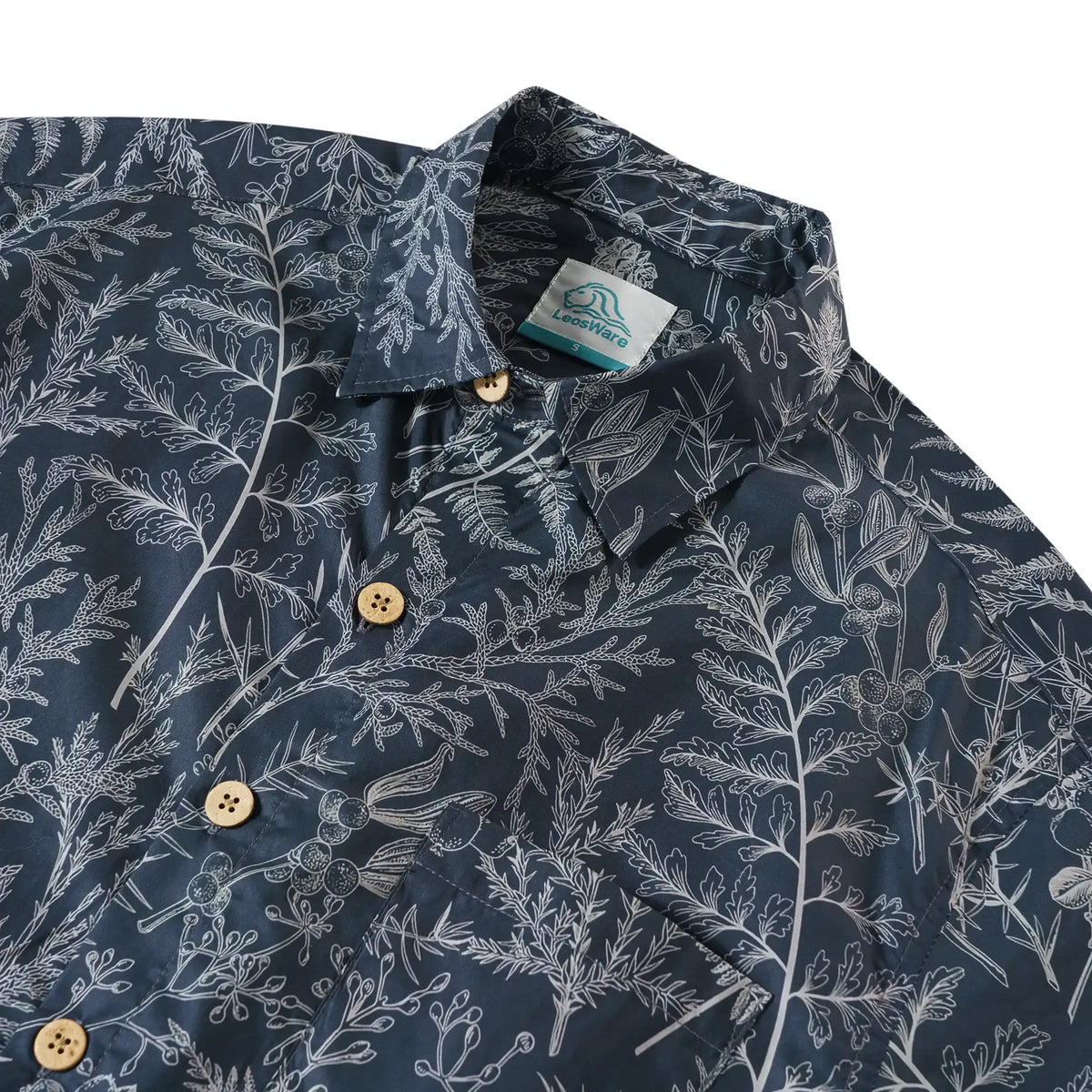 LeosWare® Men's Hawaiian Shirt Short Sleeve Button-up 100% Cotton Blue Aloha Enchanted Fern Grove Journal By Ann