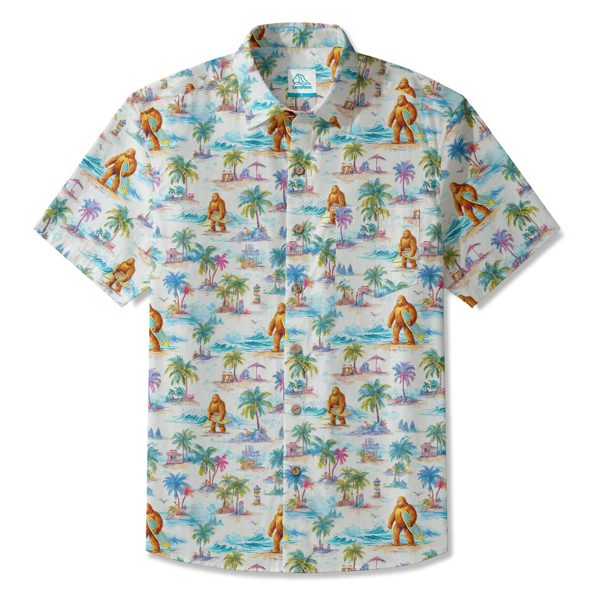 LeosWare® Men's Hawaiian Shirt Short Sleeve Button-up 100% Cotton White Aloha Surfing Vacation Of Bigfoot By Ann