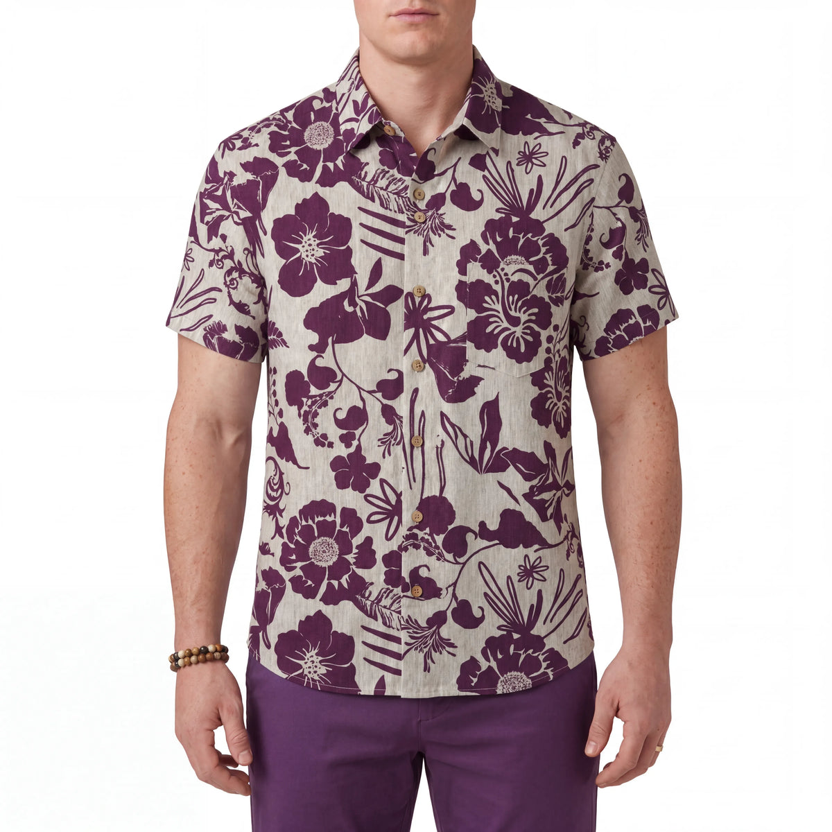 LeosWare® Men's Hawaiian Shirt Short Sleeve Button-up 100% Cotton Red Aloha Floral Silhouette By Huan huan