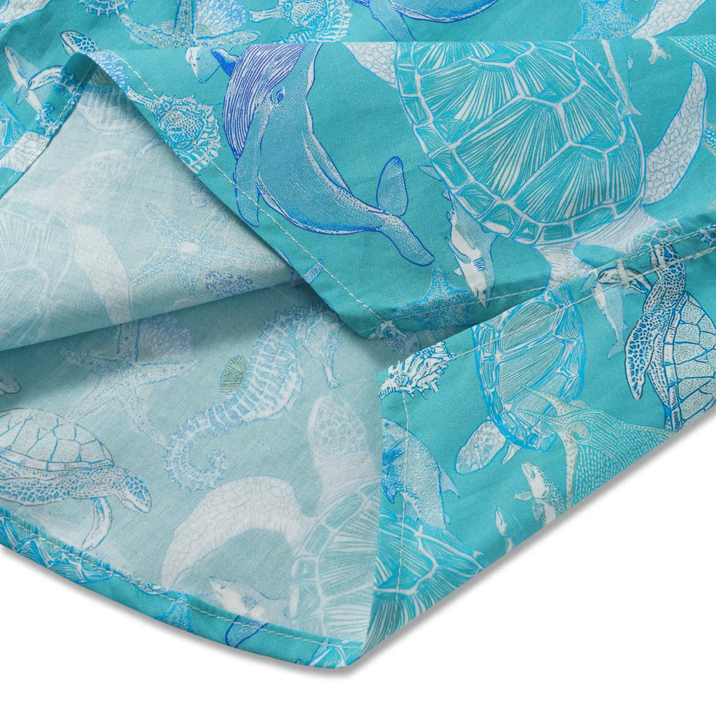 LeosWare® Men's Hawaiian Shirt Short Sleeve Button-up 100% Cotton Blue Aloha Azure Islet Sea Turtle By Ann