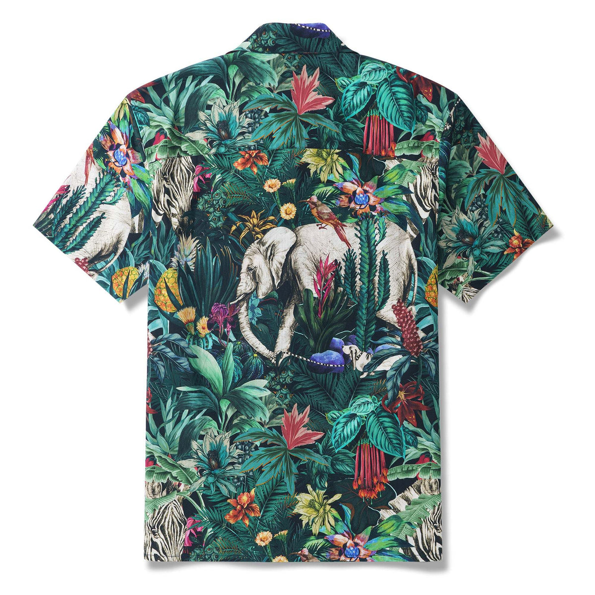 Elephant Jungle Enchantment Menagerie 100% Cotton Men's Aloha Hawaiian Short Sleeve Camp Collar Shirt Zebra Bird Dog By Sylvia