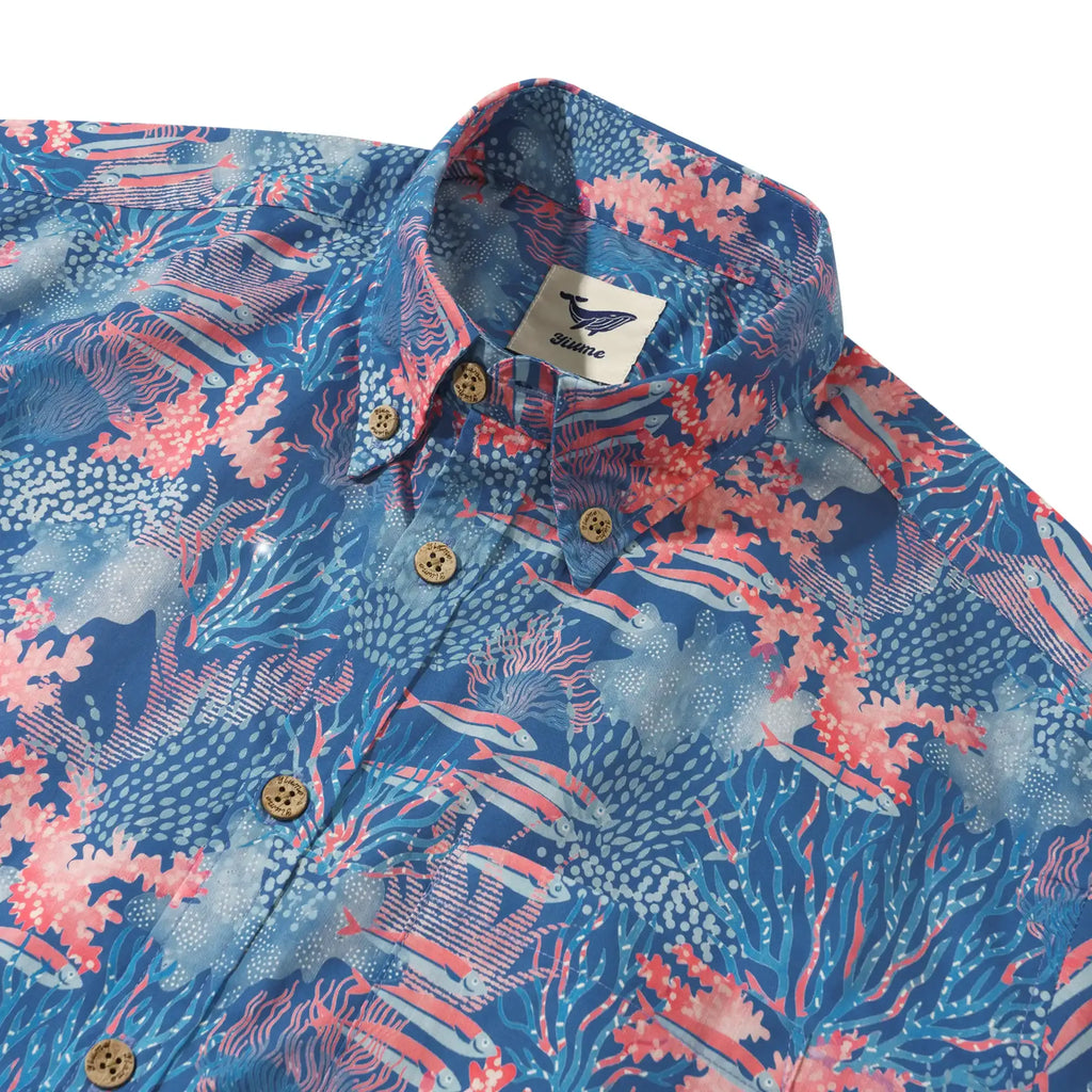 Men's Hawaiian Shirt Short Sleeve Button-down 100% Cotton Blue Aloha Ocean Sihouettes By House of Haricot