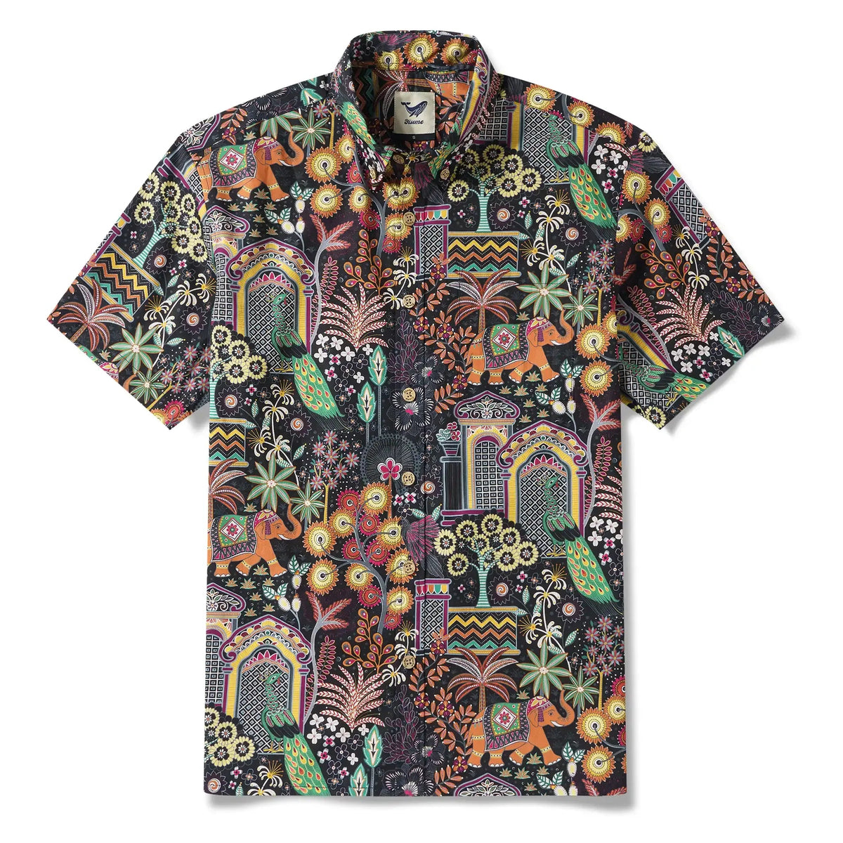 Chemise hawaïenne pour homme à manches courtes avec boutons 100 % coton verte Aloha Jaipur Gem par Huan huan