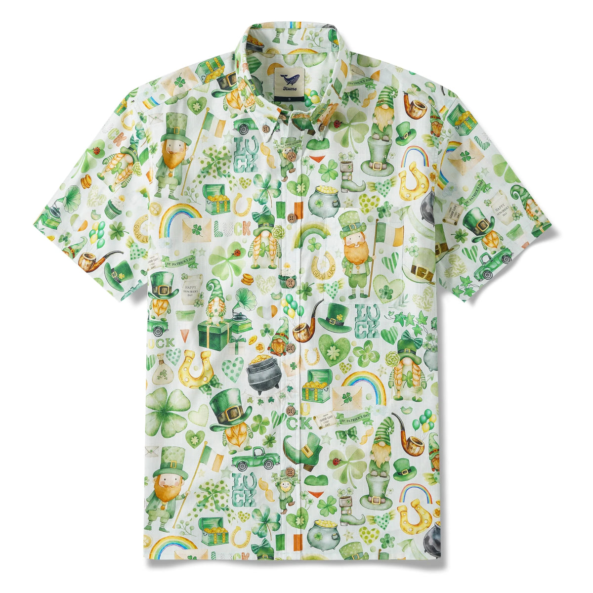 St. Patrick's Day Gift Men's Hawaiian Shirt Short Sleeve Button-down 100% Cotton Green Aloha Irish Elf Fantasia By Yana