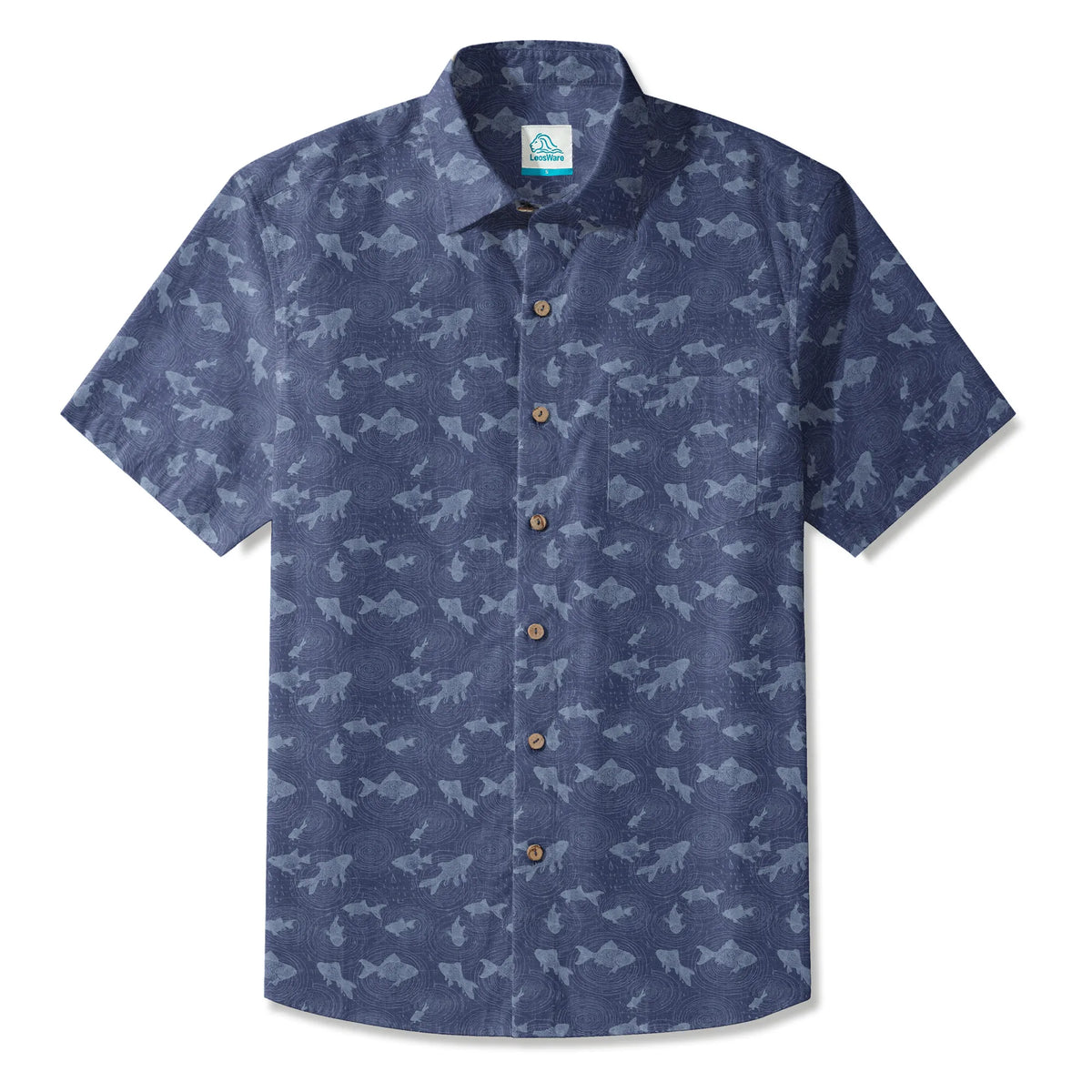 LeosWare® Men's Hawaiian Shirt Short Sleeve Button-up 100% Cotton Blue Aloha Rain Falls On The Koi Pond By Ann