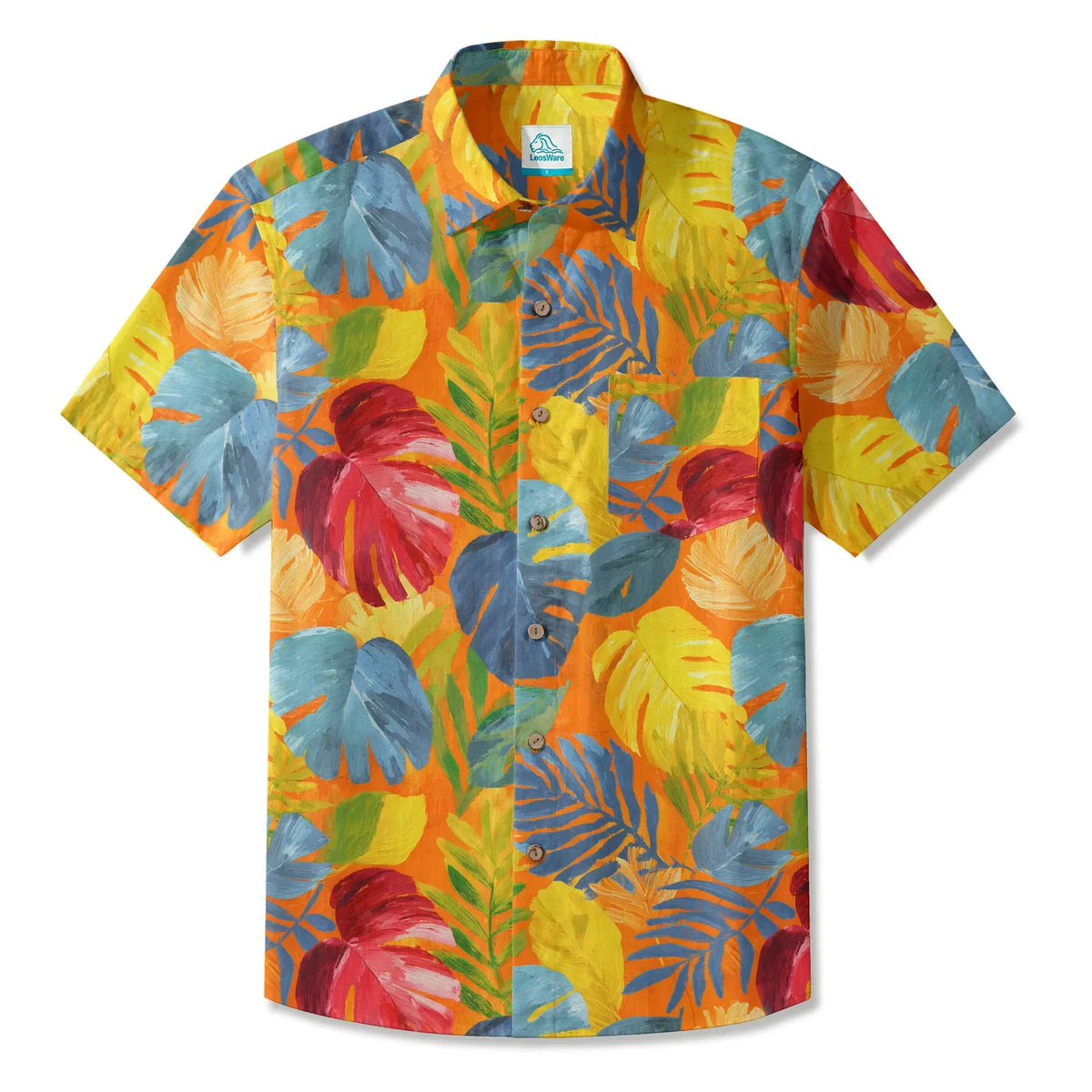 LeosWare® Men's Hawaiian Shirt Short Sleeve Button-up 100% Cotton Orange Aloha Tropical Rhapsody In Orange By Ann
