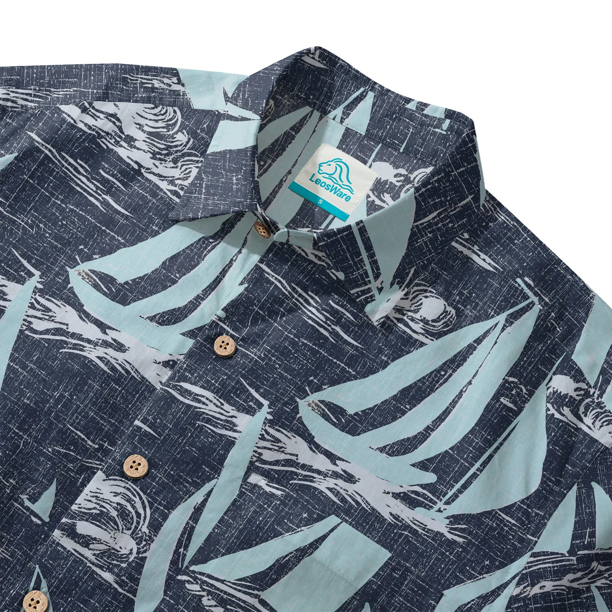 LeosWare® Sailboat Men's Hawaiian Shirt Short Sleeve Button-up 100% Cotton Blue Aloha Sailing To The Horizon By Ann