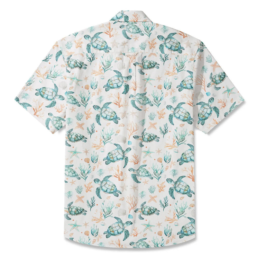 LeosWare® Men's Hawaiian Shirt Short Sleeve Button-up 100% Cotton Blue Aloha Coral Wonderland Of The Sea Turtle By Ann