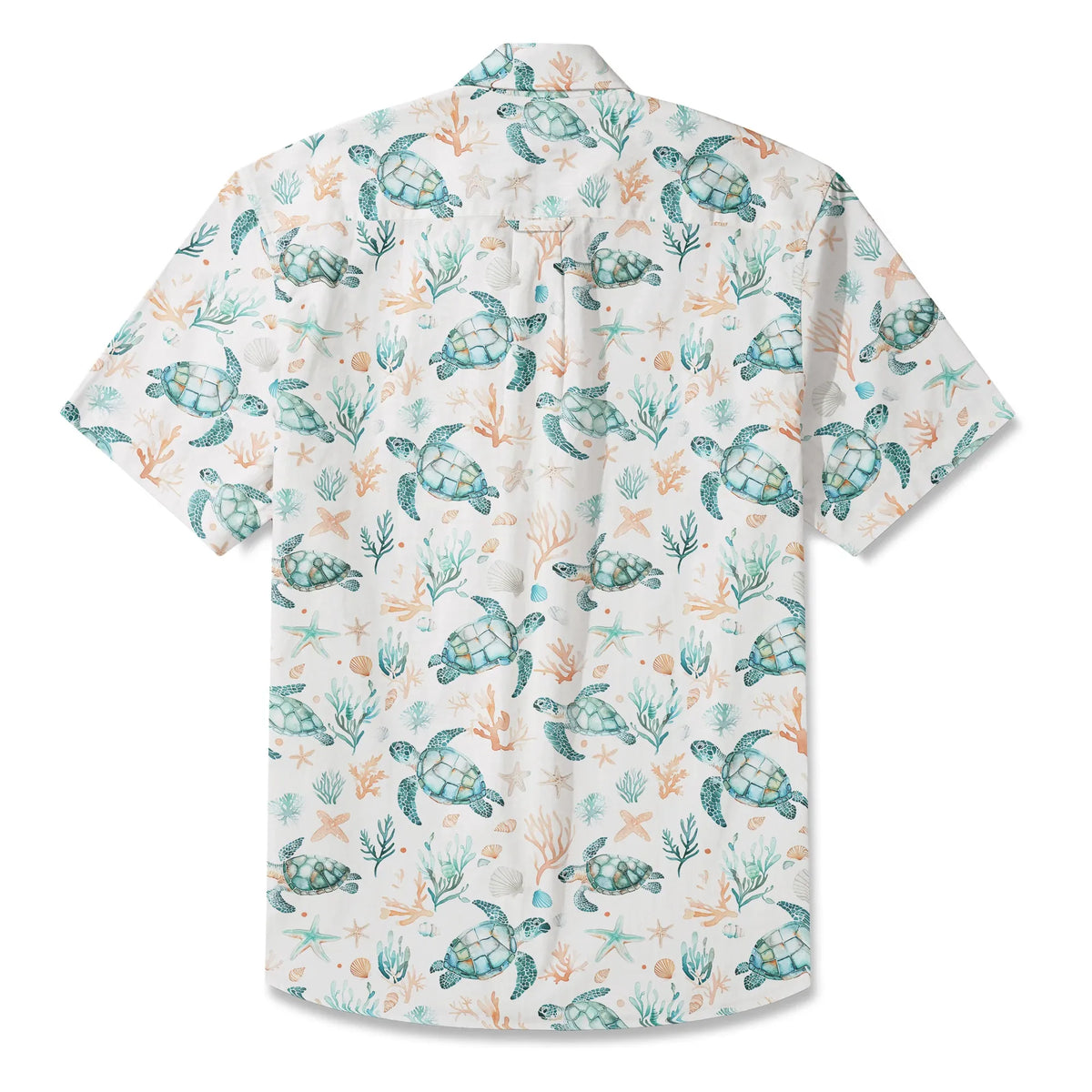 LeosWare® Men's Hawaiian Shirt Short Sleeve Button-up 100% Cotton Blue Aloha Coral Wonderland Of The Sea Turtle By Ann