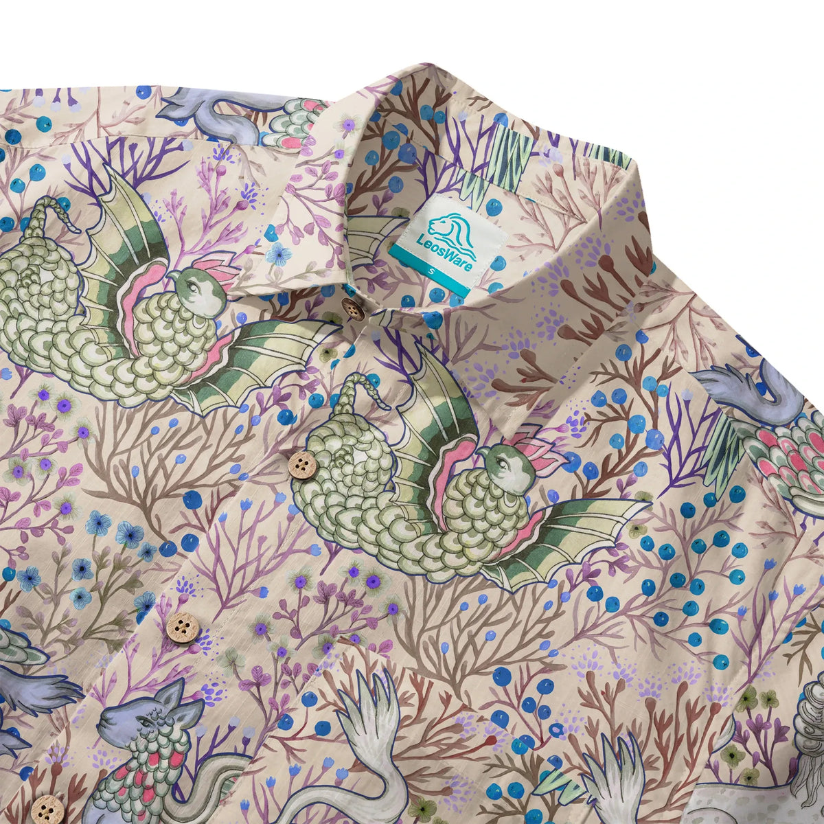 LeosWare® Men's Hawaiian Shirt Short Sleeve Button-up 100% Cotton Brown Aloha Mythical Creatures And Floral Fantasia By Huan huan