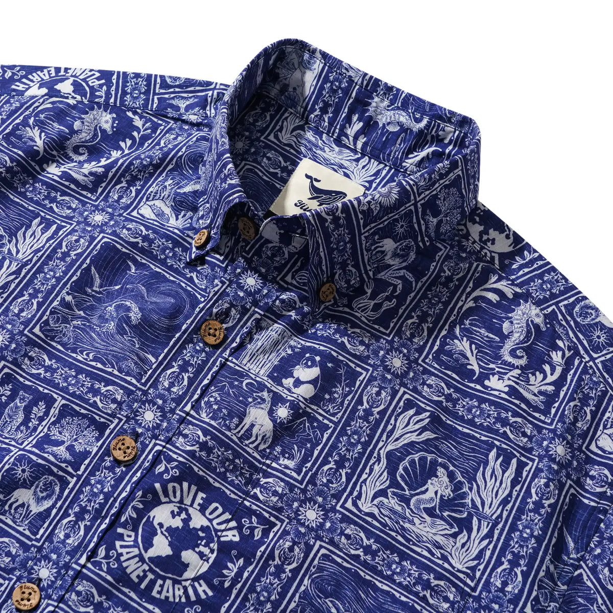 Men's Hawaiian Shirt Short Sleeve Button-down 100% Cotton Blue Aloha Endangered Animal Collage By Huan huan
