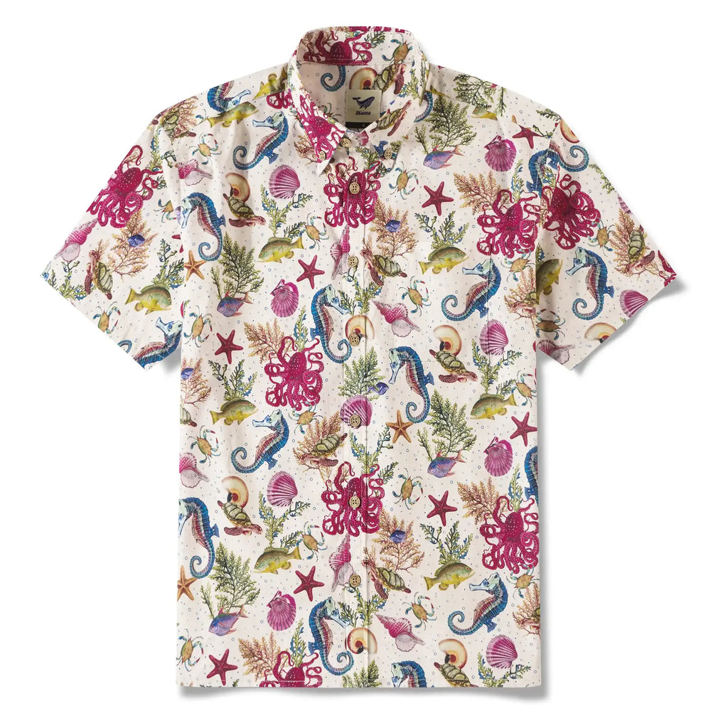 Yiume® Hawaiian Shirt For Men Shirt 100% Cotton Hawaiian Shirt Red Marine Life By Amy