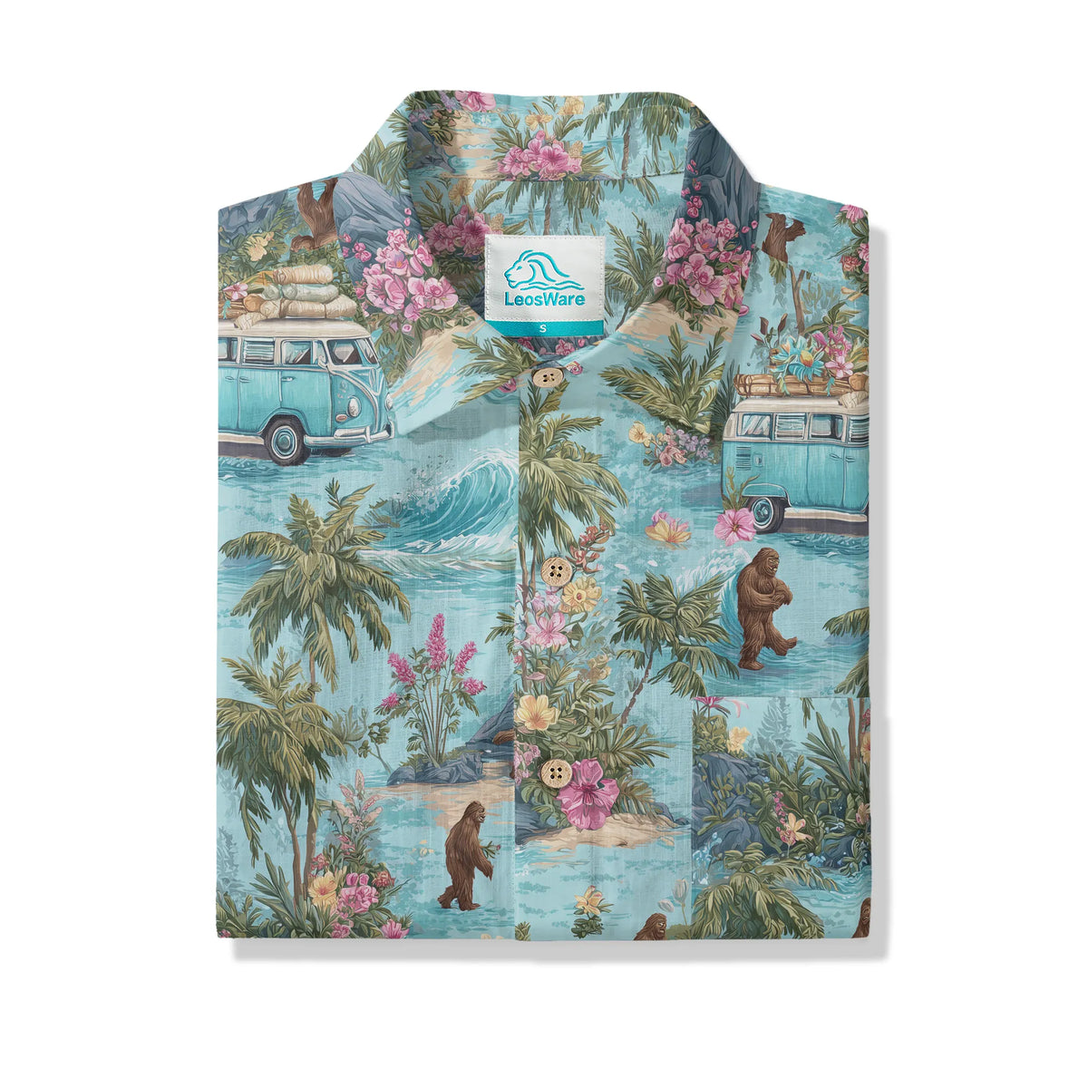 LeosWare® Men's Hawaiian Shirt Short Sleeve Button-up 100% Cotton Blue Aloha Tropical Drift Of Bigfoot By Ann