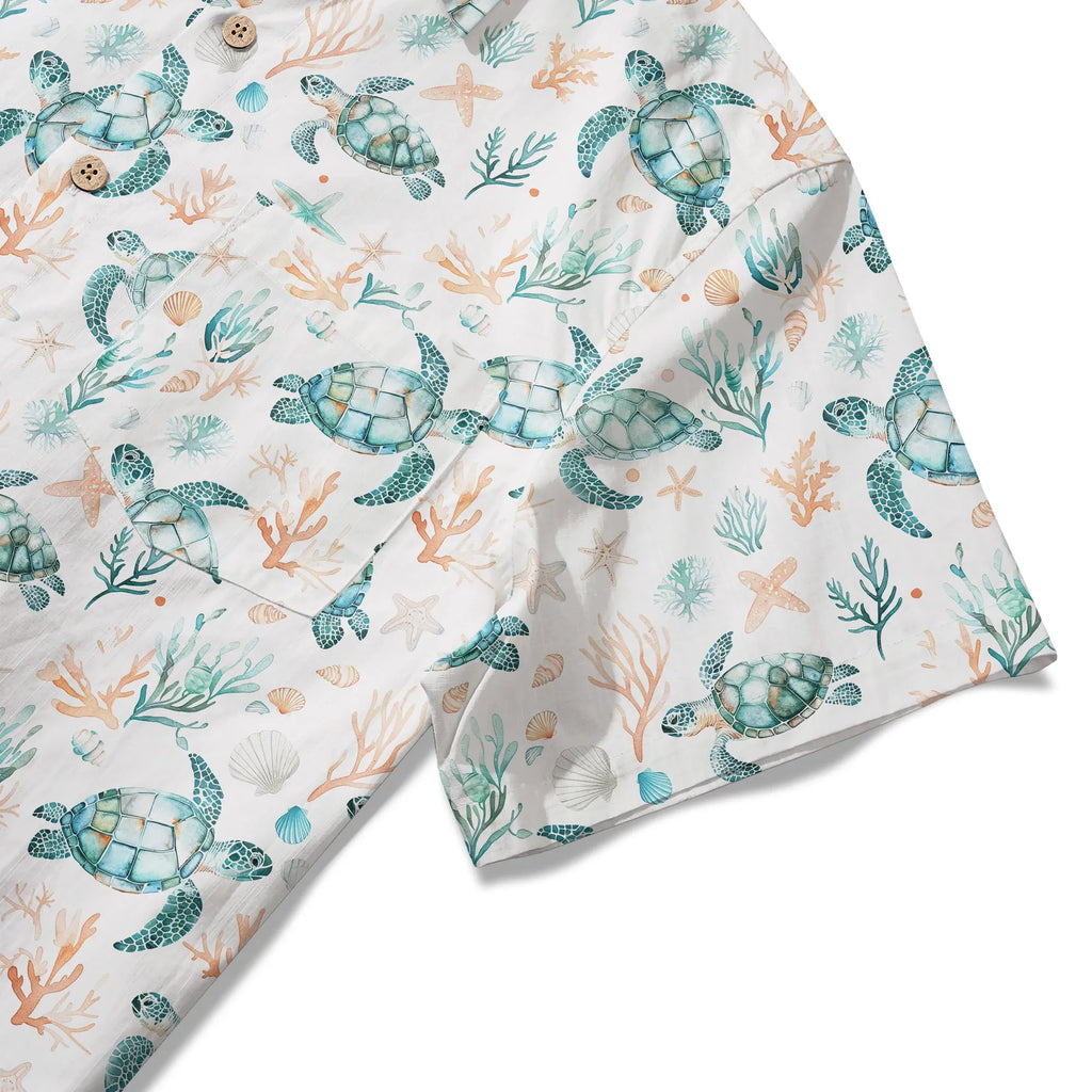 LeosWare® Men's Hawaiian Shirt Short Sleeve Button-up 100% Cotton Blue Aloha Coral Wonderland Of The Sea Turtle By Ann
