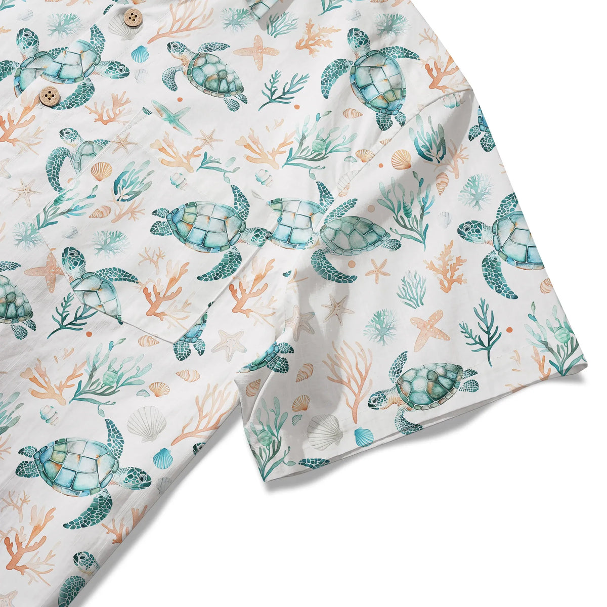 LeosWare® Men's Hawaiian Shirt Short Sleeve Button-up 100% Cotton Blue Aloha Coral Wonderland Of The Sea Turtle By Ann