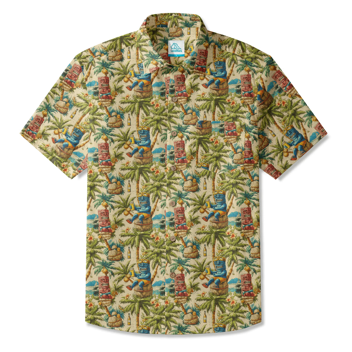 LeosWare® Men's Hawaiian Shirt Short Sleeve Button-up 100% Cotton Green Aloha Tiki's Coconut Grove Blissful Holiday By Ann