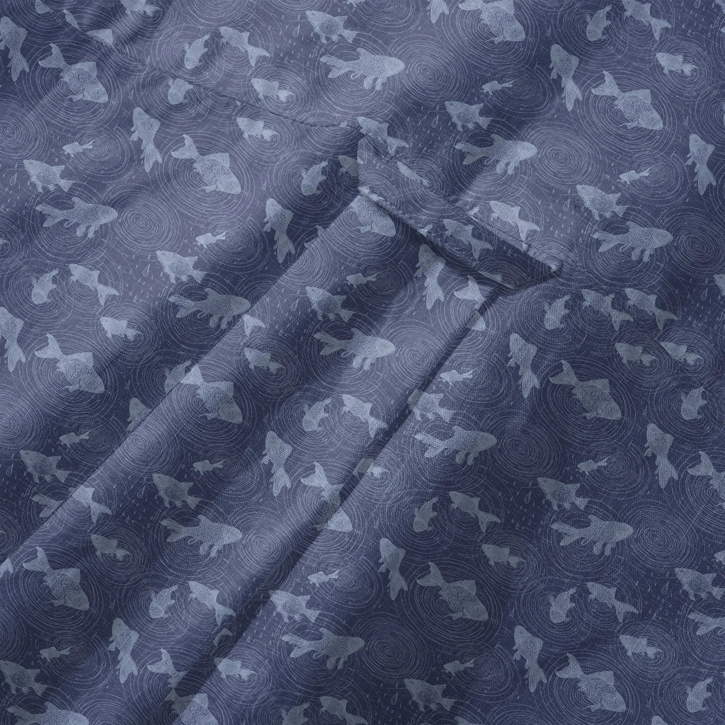 LeosWare® Men's Hawaiian Shirt Short Sleeve Button-up 100% Cotton Blue Aloha Rain Falls On The Koi Pond By Ann