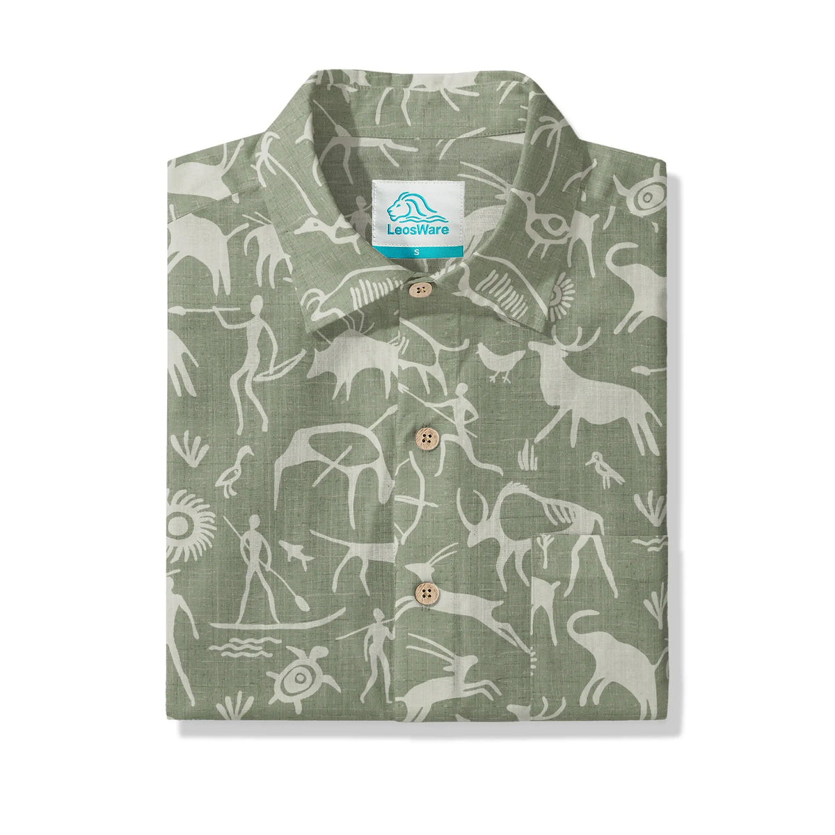 LeosWare® Men's Hawaiian Shirt Short Sleeve Button-up 100% Cotton Green Aloha Sage Green Tribal Rock Painting By Huan huan